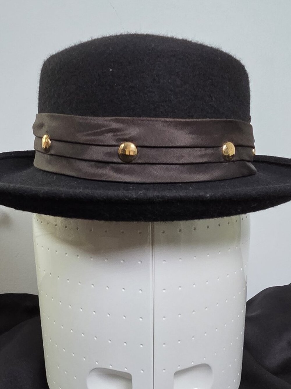 Wool Felt Bolero Hat Black w/Brown Pleated Ribbon & Goldtone Studs